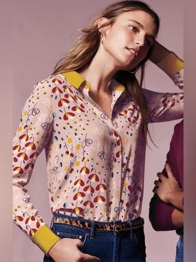 Boden Silk Shirt in Milkshake Meadow Women's Pink Printed Button-Down Shirt XL